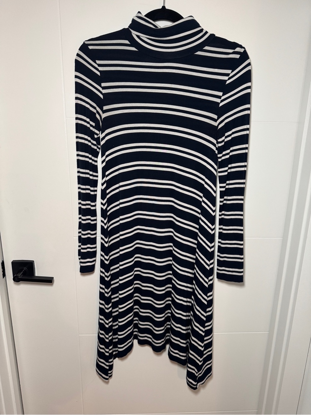 Maeve Navy and White Striped Long-Sleeve Turtleneck Dress